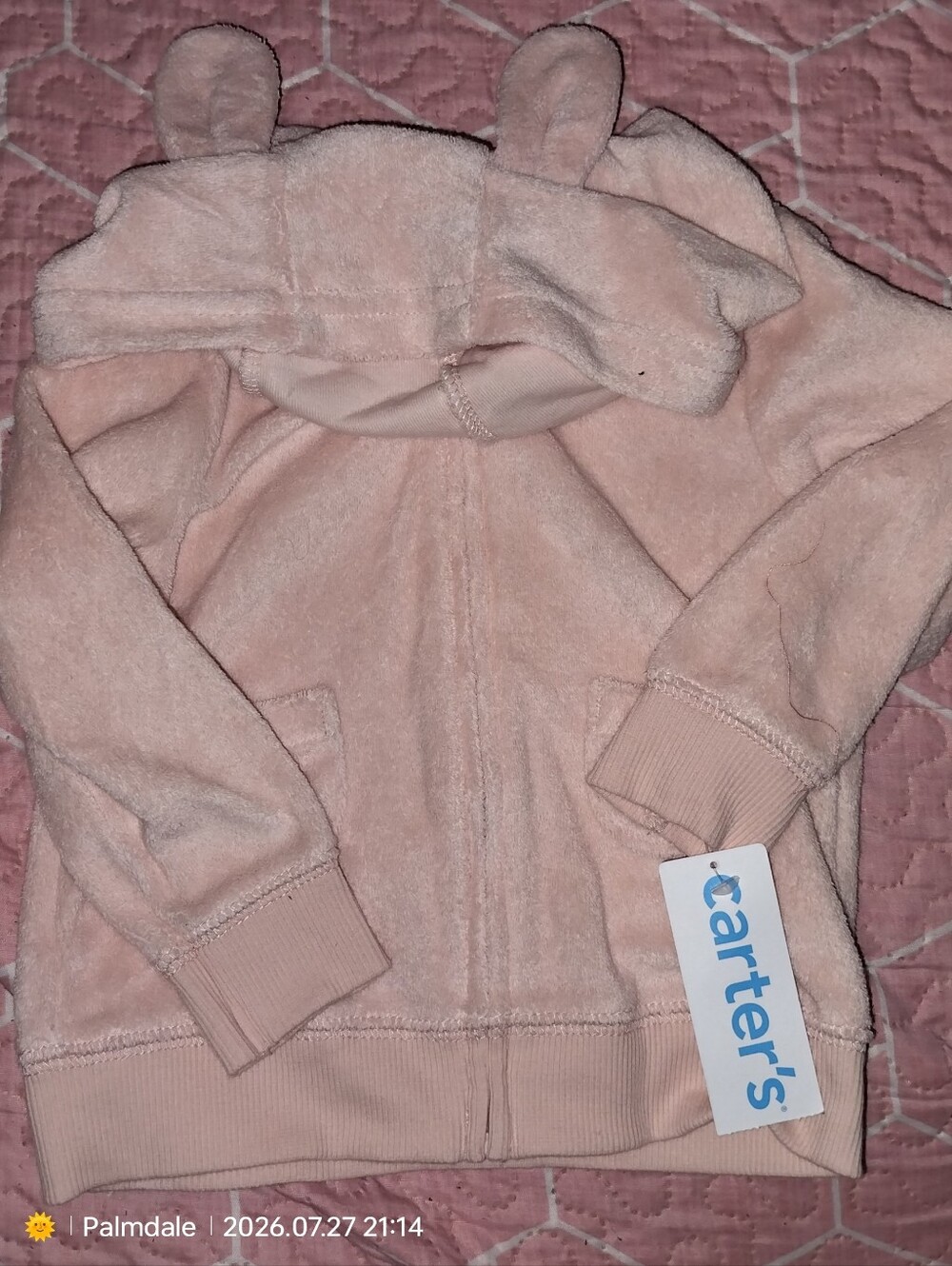 Carter's Light Pink Plush Baby Hoodie And Pants with Bear Ears
